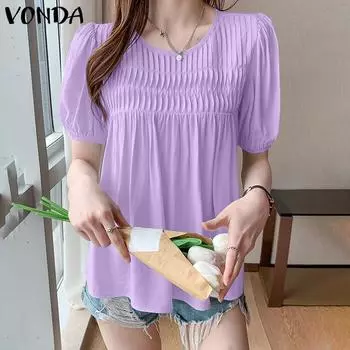 VONDA Женские летние блузки с круглым вырезом и коротким рукавом в полоску S зелёный