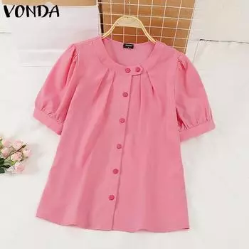 VONDA Женские летние блузки с круглым вырезом и коротким рукавом на пуговицах M арбуз красный