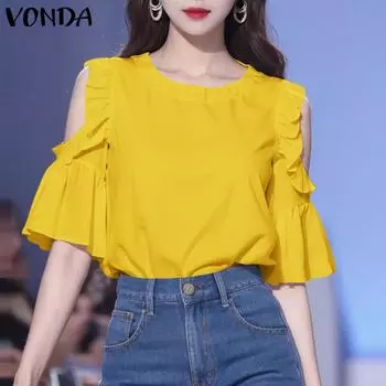 VONDA Женские летние блузки с круглым вырезом и оборками, рукав 3/4 5XL жёлтый