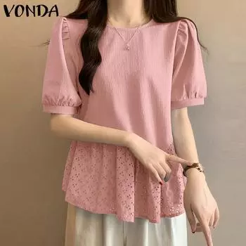 VONDA Женские летние блузки с круглым вырезом и короткими рукавами S синий