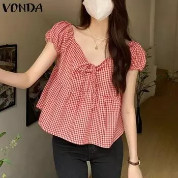 VONDA Женские летние блузки с круглым вырезом и коротким рукавом в клетку S тёмно-синий