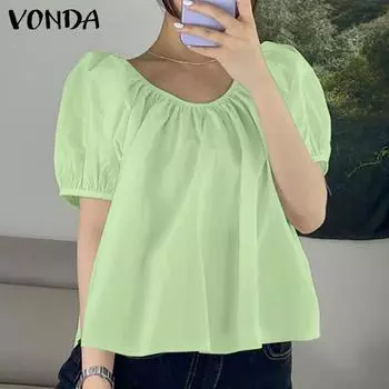 VONDA Женские летние блузки с круглым вырезом и короткими рукавами с разрезом S светло-зеленый