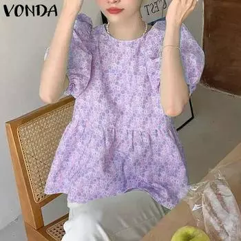VONDA Женские летние блузки с круглым вырезом и коротким рукавом с цветочным принтом 2XL
