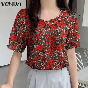 VONDA Женские летние блузки с круглым вырезом и коротким рукавом с цветочным принтом 5XL светло-фиолетовый