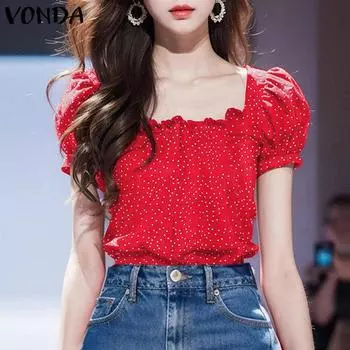VONDA Женские летние блузки с квадратным вырезом и коротким рукавом в горошек 3XL синий