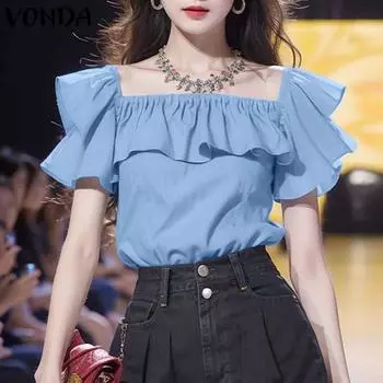 VONDA Женские летние блузки с квадратным вырезом и коротким рукавом с оборками, однотонные 4XL жёлтый