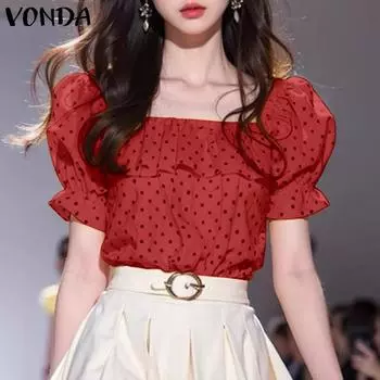 VONDA Женские летние блузки с квадратным вырезом и коротким рукавом в горошек 4XL жёлтый
