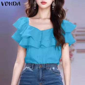 VONDA Женские летние блузки с квадратным вырезом и короткими рукавами с оборками и многослойным воротом 2XL жёлтый