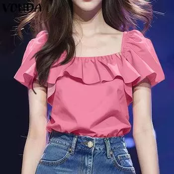 VONDA Женские летние блузки с квадратным вырезом и коротким рукавом с оборками 5XL розовый