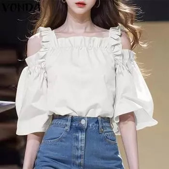 VONDA Женские летние блузки с квадратным вырезом и оборками на плечах с коротким рукавом 3XL жёлтый
