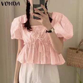 VONDA Женские летние блузки с квадратным вырезом и короткими рукавами в клетку S розовый
