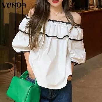 VONDA Женские летние блузки с открытыми плечами и короткими рукавами с оборками 3XL жёлтый