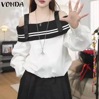 VONDA Женские летние блузки с открытыми плечами и длинным рукавом контрастного цвета S чёрный