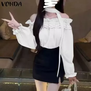 VONDA Женские летние блузки с открытыми плечами и оборками-фонариками с длинным рукавом S белый