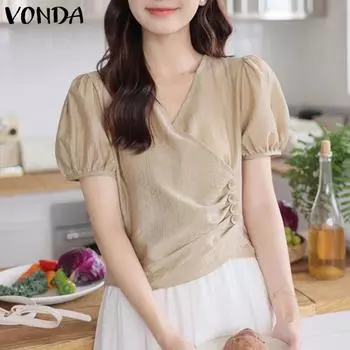 VONDA Женские летние блузки с V-образным вырезом и короткими рукавами, плиссированные XL хаки