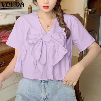 VONDA Женские летние блузки с V-образным вырезом и коротким рукавом с завязками S светло-фиолетовый