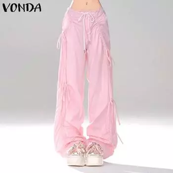 VONDA Женские летние брюки с эластичной резинкой на талии и завязками на шнурке, однотонные S розовый