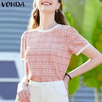 VONDA женские летние футболки в стиле пэчворк с круглым вырезом и короткими рукавами