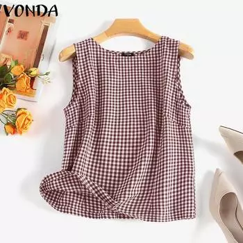 VONDA Женские летние клетчатые блузки без рукавов с круглым вырезом S чёрный