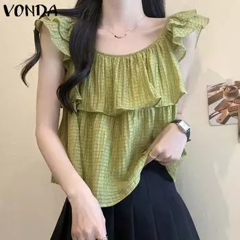 VONDA Женские летние клетчатые блузки с круглым вырезом и оборками на рукавах S зелёный