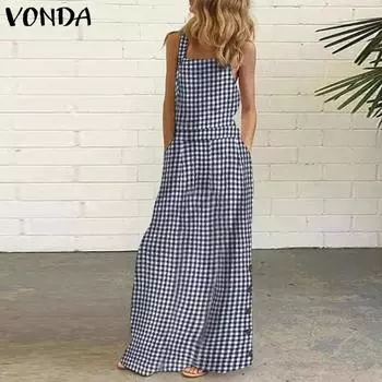 VONDA Женские летние клетчатые платья без рукавов с открытыми плечами и подтяжками S синий
