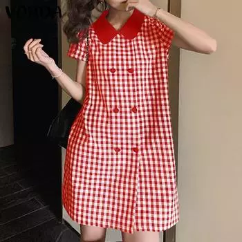 VONDA Женские летние клетчатые платья с коротким рукавом и лацканами S темно-синий