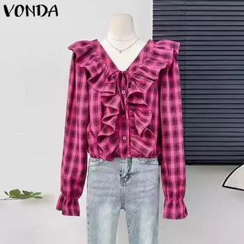 VONDA Женские летние клетчатые рубашки с оборками и V-образным вырезом с длинным рукавом S темно-розовый