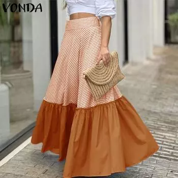 VONDA Женские летние клетчатые юбки с эластичной резинкой на талии 5XL зелёный