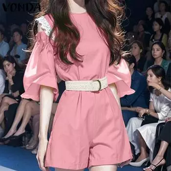 VONDA Женские летние комбинезоны с круглым вырезом, кружевом и средним рукавом, широкие штанины S жёлтый