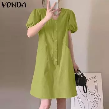 VONDA женские летние короткие однотонные повседневные платья с круглым вырезом, пышными рукавами и пуговицами, карманами