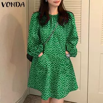 VONDA женские летние короткие платья с круглым вырезом и длинными рукавами и раздавленным цветком