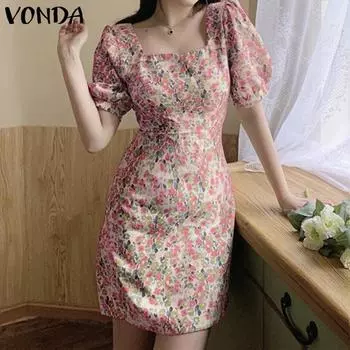 VONDA женские летние короткие платья с v-образным вырезом и пышными рукавами и принтом на талии