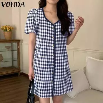 VONDA женские летние короткие платья в клетку с v-образным вырезом и короткими рукавами и пуговицами в клетку