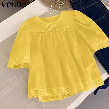VONDA Женские летние кружевные блузки с коротким рукавом и круглым вырезом S жёлтый