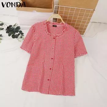 VONDA Женские летние кружевные блузки с круглым вырезом и коротким рукавом в клетку 4XL красный
