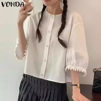 VONDA Женские летние кружевные блузки с круглым вырезом и коротким рукавом, однотонные XL белый
