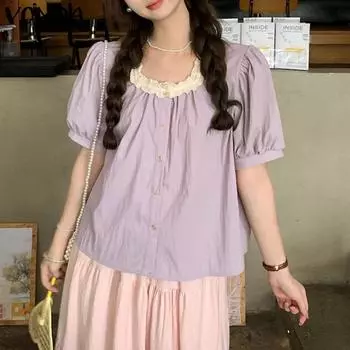 VONDA Женские летние кружевные блузки с круглым вырезом и короткими рукавами S синий