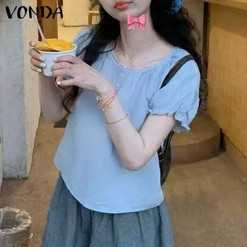 VONDA Женские летние кружевные блузки с круглым вырезом и короткими рукавами S синий