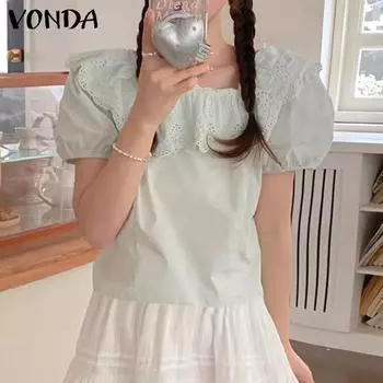VONDA Женские летние кружевные блузки с круглым вырезом и короткими рукавами L зелёный