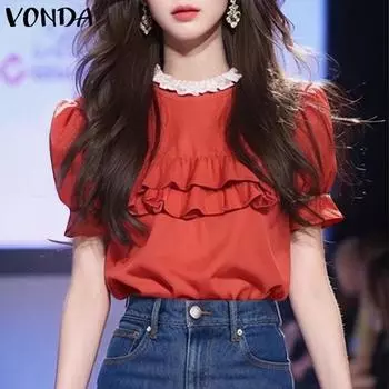 VONDA Женские летние кружевные блузки с круглым вырезом и коротким рукавом с оборками XL жёлтый