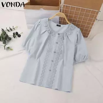 VONDA Женские летние кружевные блузки с круглым вырезом и короткими рукавами S синий