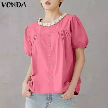 VONDA Женские летние кружевные блузки с круглым вырезом и коротким рукавом M розовый