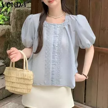 VONDA Женские летние кружевные блузки с круглым вырезом и короткими рукавами S синий