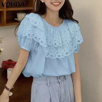 VONDA Женские летние кружевные блузки с круглым вырезом и короткими рукавами M жёлтый