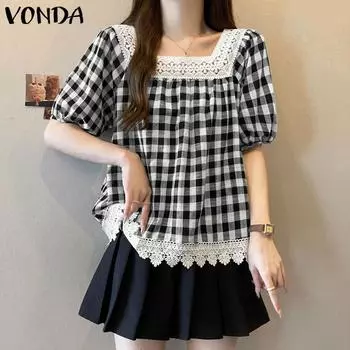 VONDA Женские летние кружевные блузки с квадратным вырезом и короткими рукавами в клетку S красный
