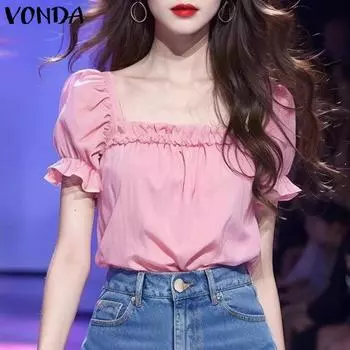 VONDA Женские летние кружевные блузки с квадратным вырезом и коротким рукавом с короткими рукавами, однотонные блузки 2XL светло-розовый