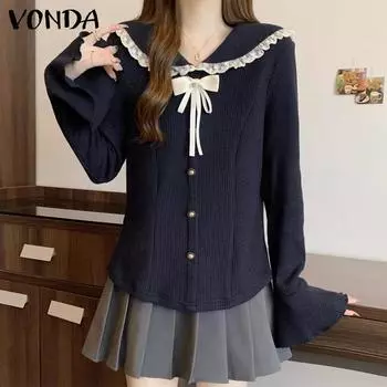 VONDA Женские летние кружевные лацканы с длинным рукавом трикотажные блузки S темно-синий