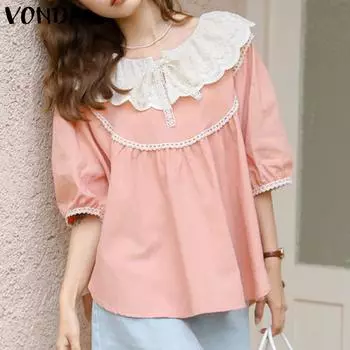VONDA Женские летние кружевные лацканы с коротким рукавом и пузырьками S розовый
