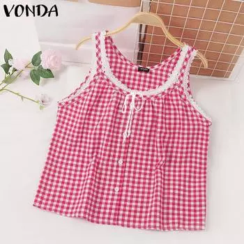 VONDA Женские летние кружевные майки с круглым вырезом в клетку