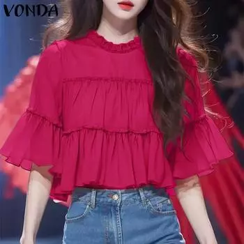 VONDA Женские летние кружевные многослойные блузки с круглым вырезом и коротким рукавом M оранжевый